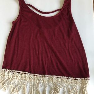 “Rue 21” Burgundy w/lace fringe sleeveless blouse